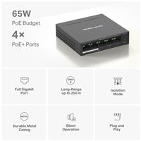 Mercusys MS105GP 5-Port Gigabit PoE+ Switch - 65W Desktop Metal Mercusys MS105GP 5-Port Gigabit PoE+ Switch - 65W Desktop Metal